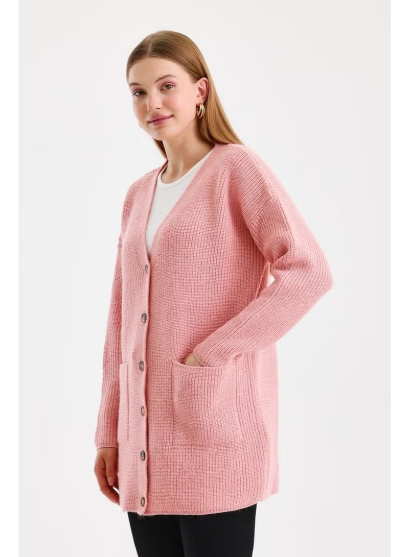 Odelon Women's Buttoned Oversize Pocket Long Pink Knitted Cardigan - Image 2